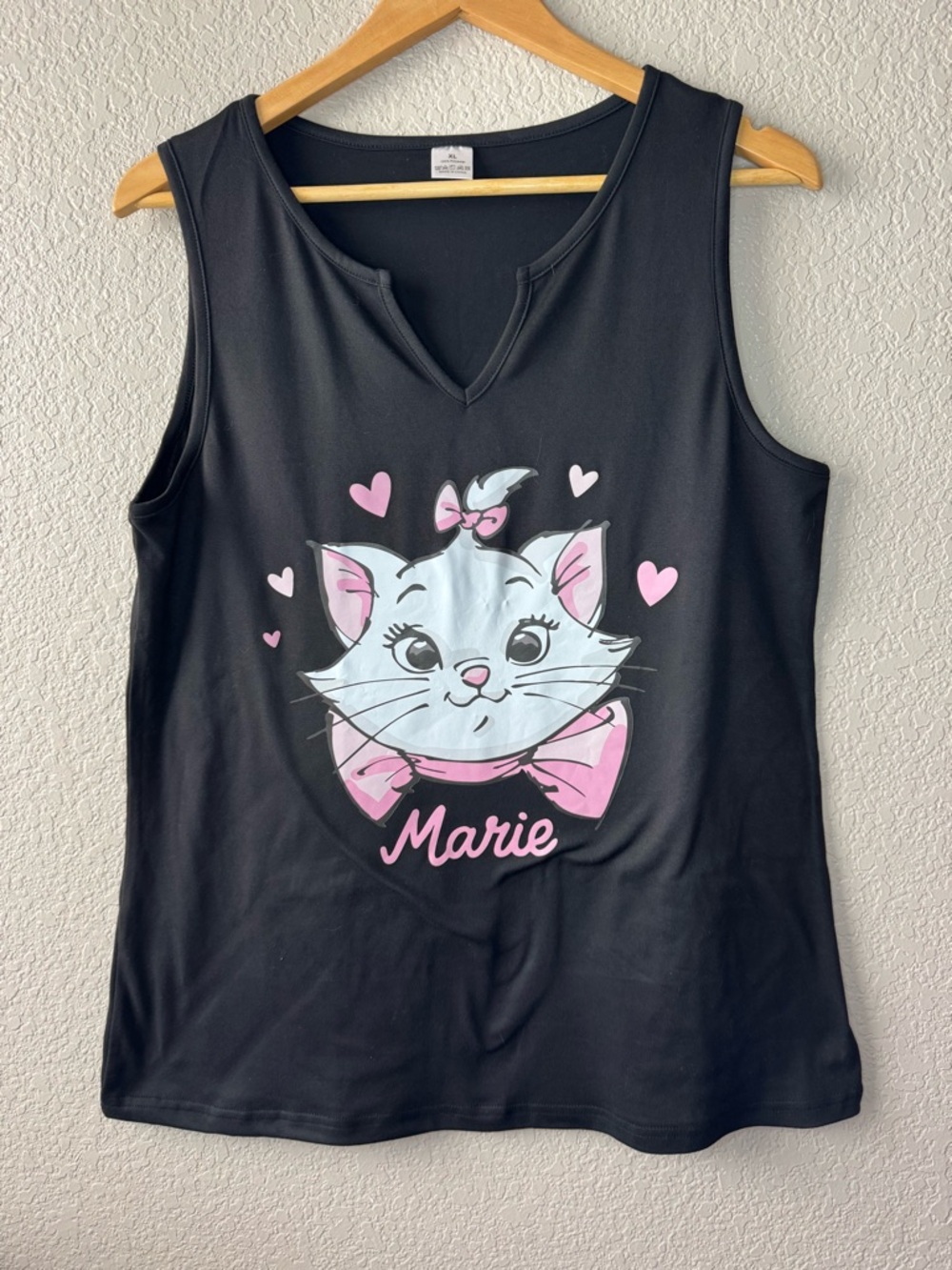 Cute Cat Graphic Tank Top XL Pink Bow Cartoon Cat Sleeveless Black Top